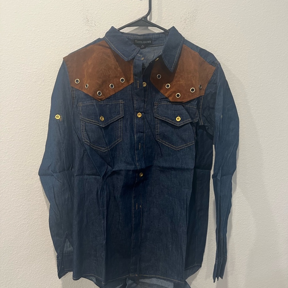 Denim Shirt with Brown Suede Accents by Settle down